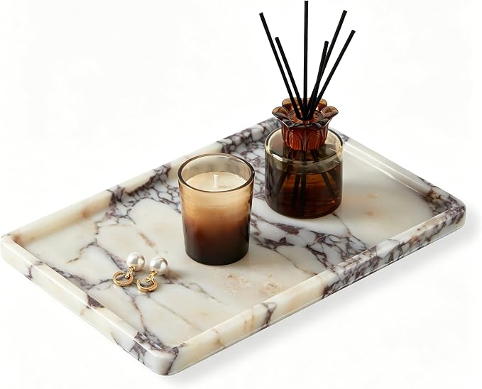 Luxury Natural Rectangle Marble Tray – 11.8 x 7.8-Inch Calacatta Viola Stone Vanity Tray, Large Catchall Organizer for Jewelry Perfume Keys, Decorative Tray for Bathroom Coffee Table & Dresser