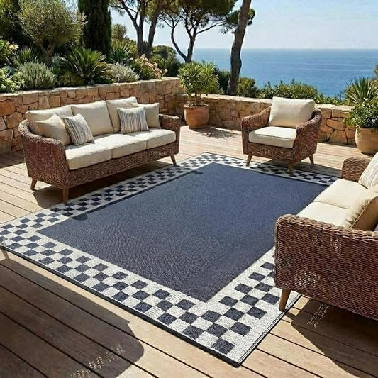 Waterproof Plastic Straw Outdoor Rug 9x18 Patio Reversible UV Resistant Foldable Camping Carpet Modern Geometric Border Large Outdoor Rugs for Deck, Porch, Camper, Balcony, Beach，Blue