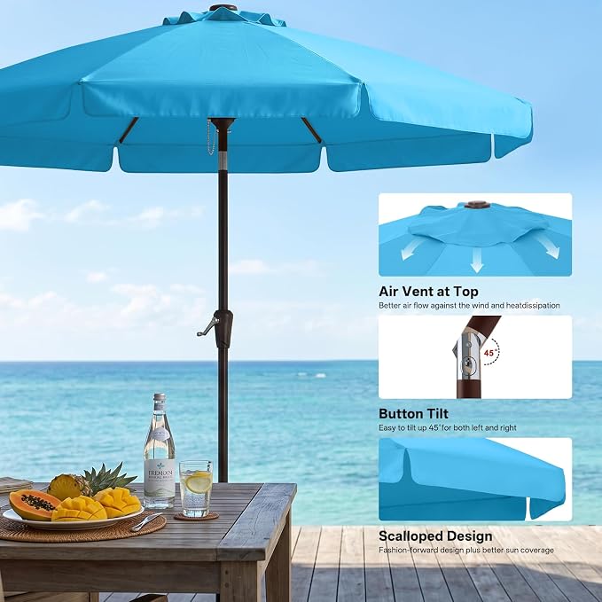 ABCCANOPY 9ft Scalloped Patio Umbrella, Outdoor Table Umbrella with Tilt and Crank, Fiberglass Ribs Deck Umbrella for Patio, Pool, Garden, Picnic (Aquamarine)