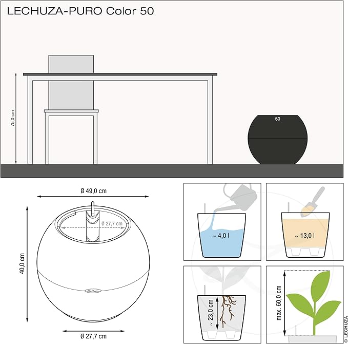 Lechuza Puro Color 50 Slate, Self-Watering Large Round Planter, D19.7 H15.4 in