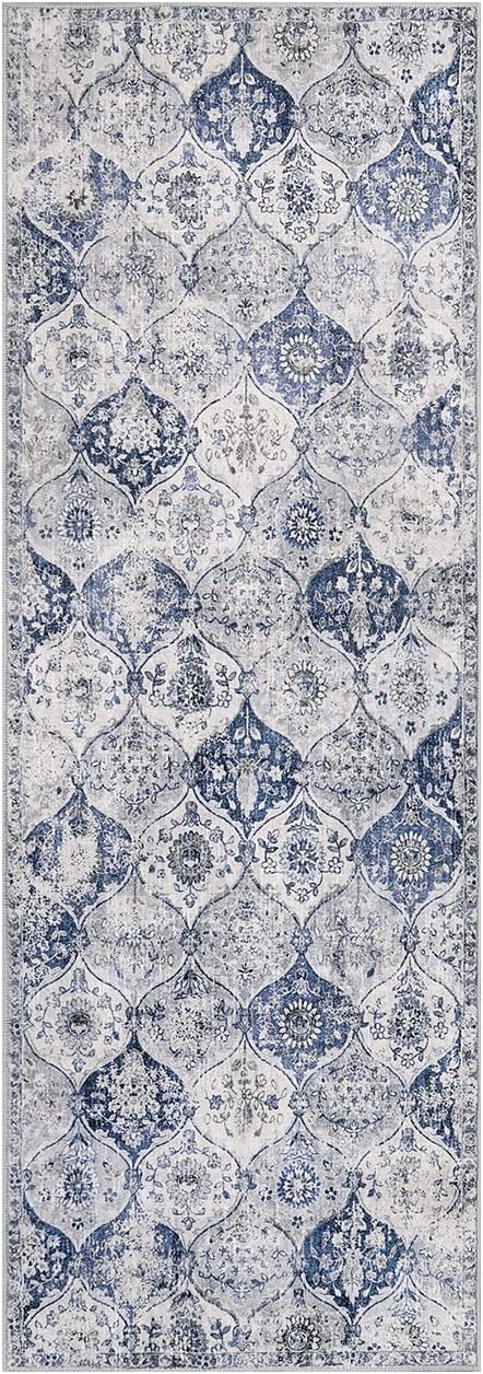 Lahome Moroccan Washable Runner Rug, 2x6 Blue Kitchen Runners for Hallways | Non Slip Trellis Vintage Laundry Room Ultra-Thin Carpet for Bathroom Bedroom Entryway Elise, White Royal Blue