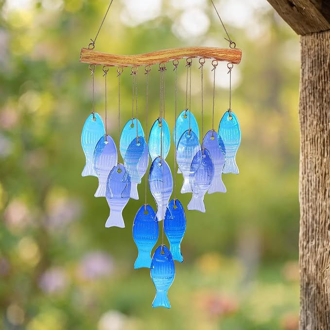 Glass Fish Wind Chimes for Outside/Inside - Handcrafted Stained Glass and Iron Decorative Sea Glass Windchime - Unique Bohemian Coastal Decor for Garden, Patio, Porch - Sympathy Gift (Blue Fish)