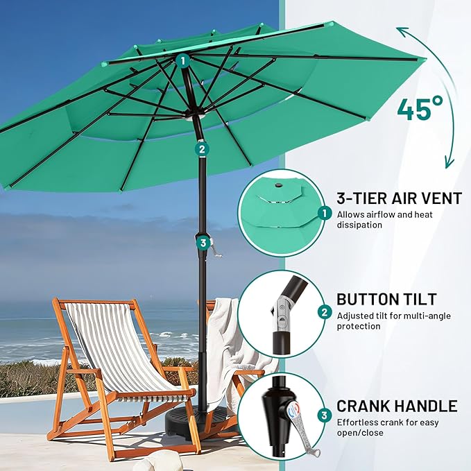 AreShark 9ft 3-Tier Patio Umbrellas, Outdoor Umbrella with 8 Sturdy Ribs UV Protection Windproof, Market Table Umbrella w/Push Button Tilt & Crank for Pool, Porch, Deck, Garden(Aruba Blue)