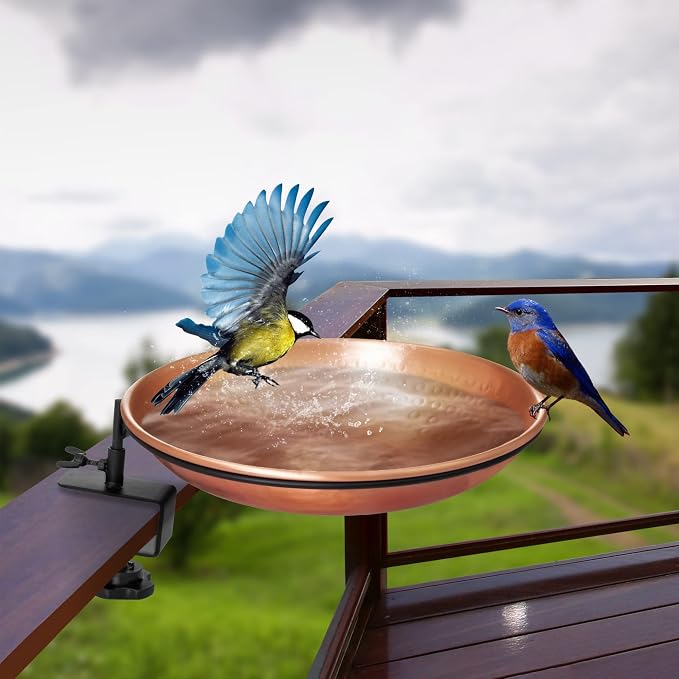 Monarch Abode Deck Mounted Bird Bath & Bird Feeder for Outdoors – Pure Copper Hand Hammered Birds Bath Bowl w/Detachable Iron Clamp, Birdfeeder and Birdbath for Outdoors Garden Backyard