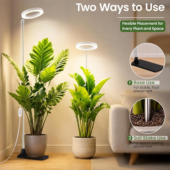 LBW Grow Lights for Indoor Plants, 6.3" Full Spectrum Plant Light with Base, 59" Height Adjustable Grow Lamp, 6/8/12/16H Auto Timer, 3 Color, 5 Dimmable Level, for Tall Large Plants, White, 2 Pack