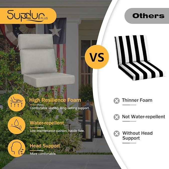 Sunbrella Outdoor High Back Chair Cushion, 2 Pack 44x21 inches Patio Chair Cushions Water Repellent Rocking Cushions Indoor Furniture Seat Pad, Specrtum Pebble