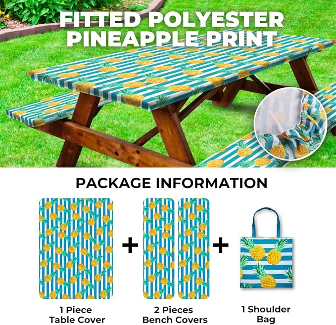 RNOONY 6ft Polyester Picnic Table Cover with Bench Covers Windproof & Waterproof Tablecloth, Perfect for Camping Gifts & RV Essentials, Cool Camping Gadgets, with Carrying Bag, 72x30 Inches, 4Pcs