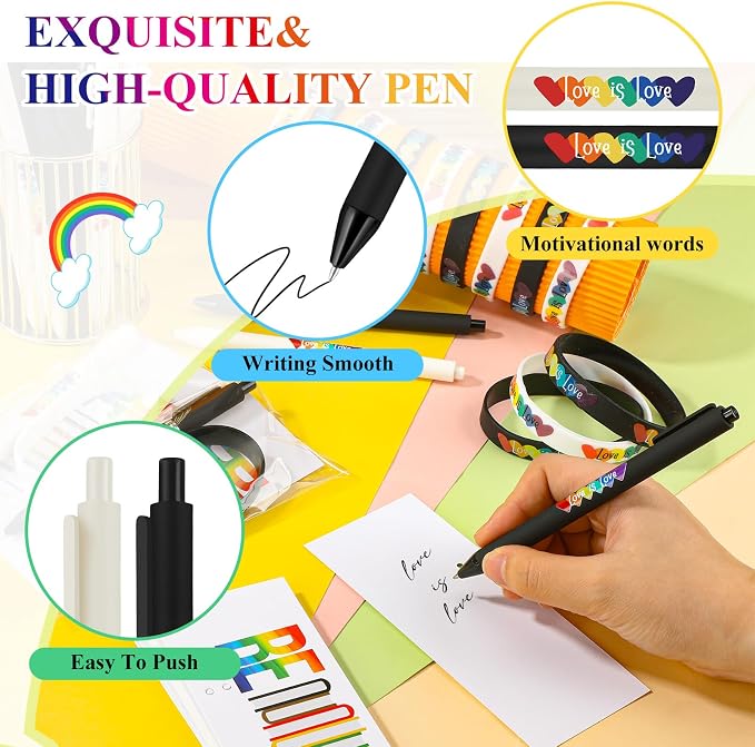 Spakon 100 Set Gay Pride Gifts Rainbow Silicone Wristband Bracelet LGBT Retractable Ballpoint Pen Black Ink Gift Cards with Twist Ties Pride Decorations for Parades Rainbow Festival Gay Pride Month
