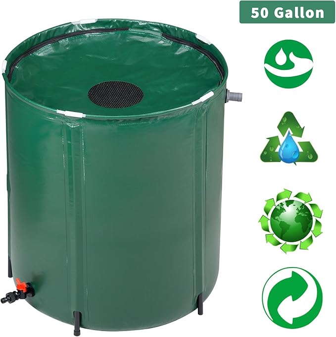 50 Gallon Collapsible Rain Barrel, Portable Rainwater Collection System, Water Storage Tank, Rain Catcher Barrel with Spigots and Overflow Kit, Rain Water Barrel Collector for Garden, Green