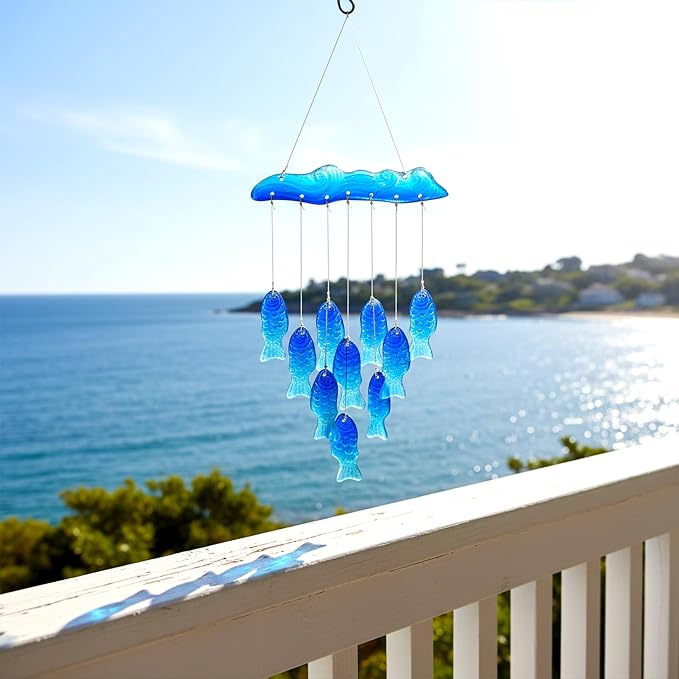 Sea Glass Fish Wind Chimes for Outside, Windchimes Outdoors Unique, Patio Beach Outdoor Home Garden Decor, Windchimes Outdoors, Memorial Garden Christmas Decoration Gifts