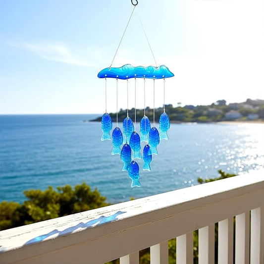 Sea Glass Fish Wind Chimes for Outside, Windchimes Outdoors Unique, Patio Beach Outdoor Home Garden Decor, Windchimes Outdoors, Memorial Garden Christmas Decoration Gifts