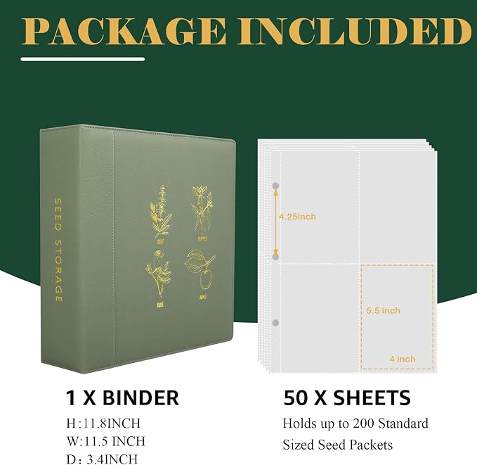 Seed Storage Organizer, Binder with 50 Pack Sheet Protectors that stores 200 Seed Envelopes, PU Leather Cover, 2.5" D-Ring Binder, Gift For Garden Lover
