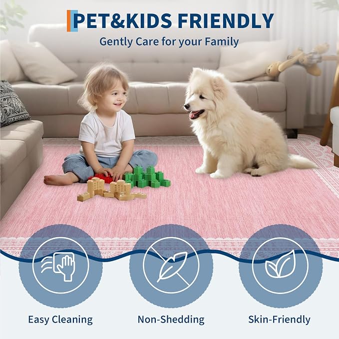 Garvee 2x6 Washable Scalloped Lace Runner Rug, Soft Rugs for Hallway Pink | Non Slip Entryway Rug, Scalloped Rug for College Playroom Kids Girls Room, Non-Shedding Low Pile Rugs Runner for Bedroom
