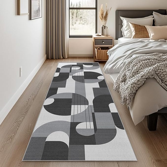 2x6 Black and White Geometric Modern Runner Rug for Kitchen Entryway Hallway Abstract Area Rug Machine Washable Non-Slip Carpet for Bedroom Bathroom Bedside