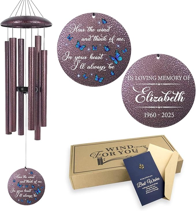 ASTARIN Memorial Butterfly Deep Tone Wind Chimes Personalized, (Printing in Texas) Sympathy Remembrance Gifts for Loss of Mom Dad, Bereavement Gifts for Condolence Funeral, Garden Decoration