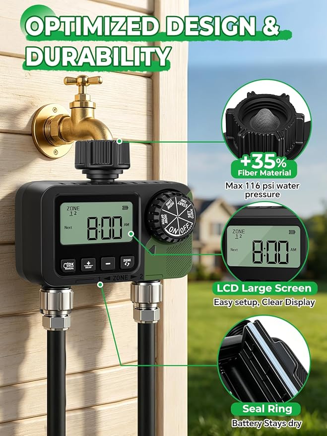 Sprinkler Timer 2 Outlets, Programmable Water Hose Timer with Rain Delay/Manual/Automatic Watering System, Outdoor Digital Auto Irrigation for Garden Yard Lawn with Large Display(Black+Olive Green)