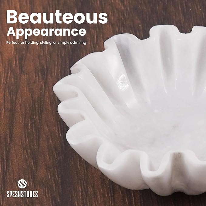 Marble Small Decorative Bowl 6 Inch Handmade White Ruffle Bowl, Scalloped Bowls for Table Centerpieces & Housewarming Gifts, Fluted Ring Dish, Fruit & Key Bowl for Entry Table
