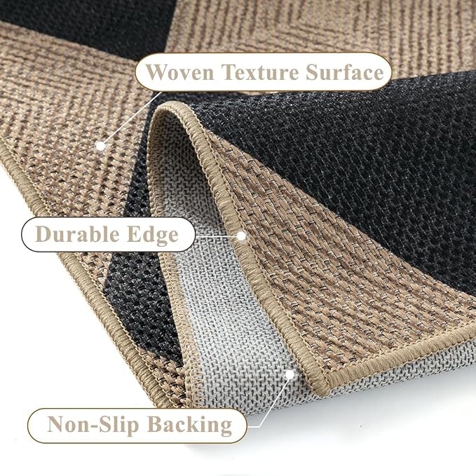 PureCozy 5x7 Checkered Easy Jute Area Rug for Living Room Checkerboard Washable Indoor Outdoor Carpet Farmhouse Patio Office Mat Textured Diamond Non Slip Black Carpet for Backyard Dining Room