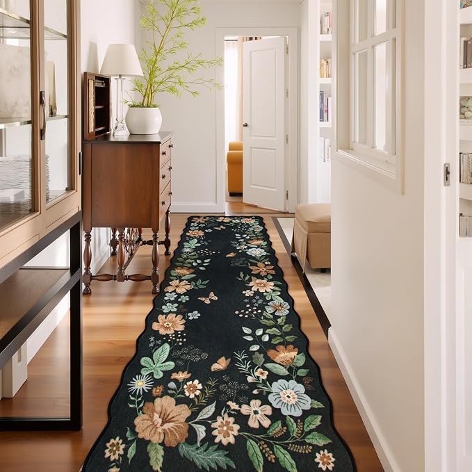 Lahome Floral Hallway Runner Rug, 2'6''x10' Soft Washable Kitchen Runner | Non Slip Ultra-Thin Soft Kitchen Runners for Hallways, Carpet for Entryway Bathroom Flore (Black/Grey)