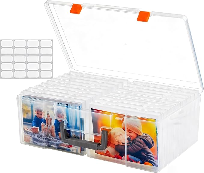 18-Pack Extra Large 5 x 7 Photo Storage Box, Fully Transparent Acid-Free Picture Organizer Case, Clear 5 x 7 Greeting Card Holder & Seed Packet Organizer, Large Craft Keeper with Handle