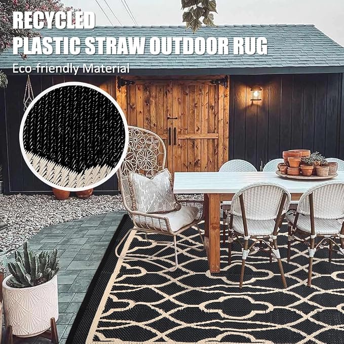 Pendolr 5’x8’ Outdoor Rug Waterproof Carpet Patio Rug Outdoor Plastic Straw Rugs Camping Rug Reversible Outside Outdoor Area Rug for Balcony Deck Backyard RV Picnic Beach Black&Beige 01#