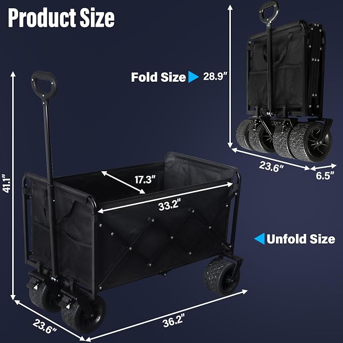 Collapsible Wagon Cart, 650lbs Capacity 300L Folding Utility Wagon with All-Terrain Wheels & Brakes, Heavy Duty Foldable Beach Cart for Groceries, Camping, Sports, Shopping