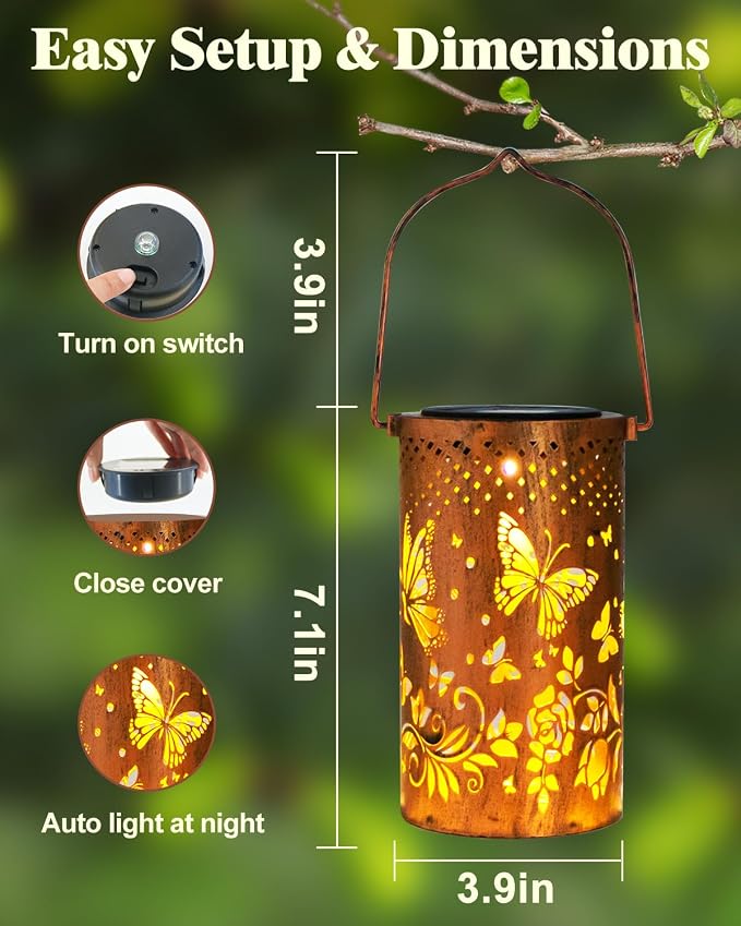 DIBIEECN 4 Pack Butterfly Solar Lanterns Outdoor Waterproof, Garden Decor | Metal Hanging Lights, IP65 Waterproof, LED Decorative Lantern, Patio & Backyard, Birthday Gifts for Women, Mom & Grandma