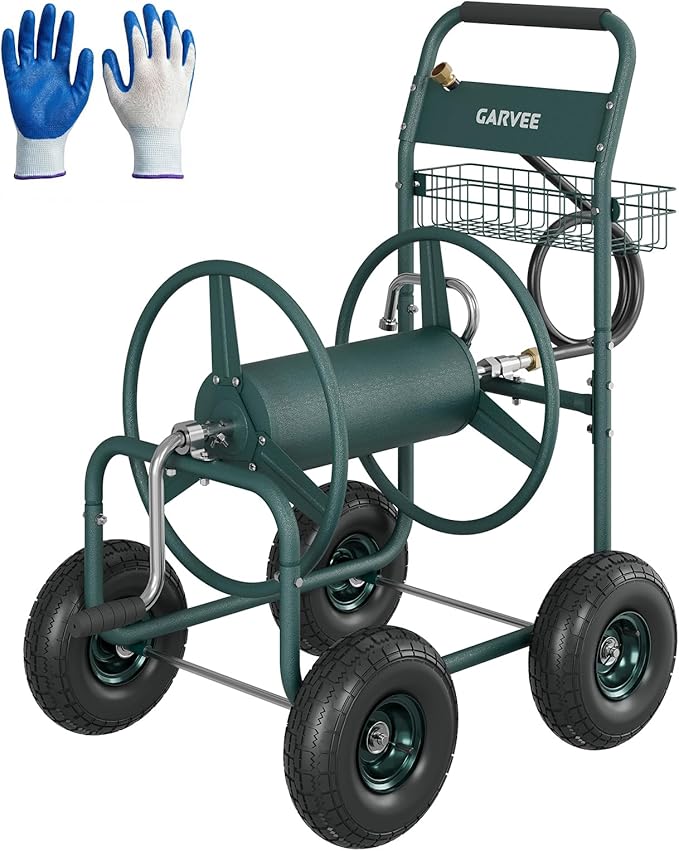 Garvee Garden Hose Reel Cart with Wheels, Hold Up to 300 ft of 5/8’’ Hose, Heavy Duty Water Hose Reel with Storage Basket, 4 Large Pneumatic Tires, Mobile Outdoor Hose Storage for Garden, Yard, Farm