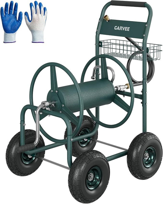 Garvee Garden Hose Reel Cart with Wheels, Hold Up to 300 ft of 5/8’’ Hose, Heavy Duty Water Hose Reel with Storage Basket, 4 Large Pneumatic Tires, Mobile Outdoor Hose Storage for Garden, Yard, Farm