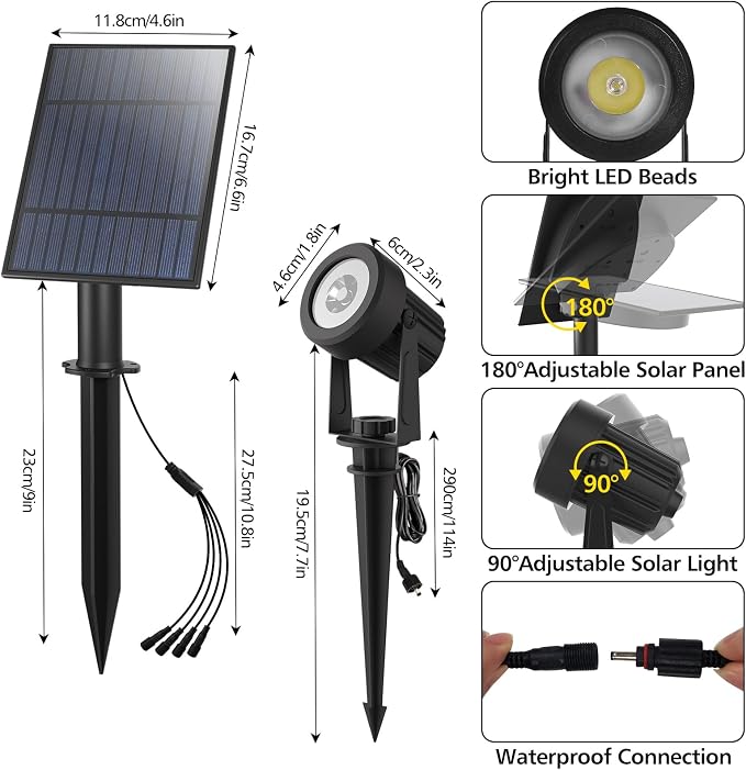 T-SUN Solar Spotlights Outdoor 4-in-1 IP65 Waterproof Solar Landscape Spotlights, Auto ON/Off Solar Lights for Garden, Yard, Driveway, Pool Area(White)