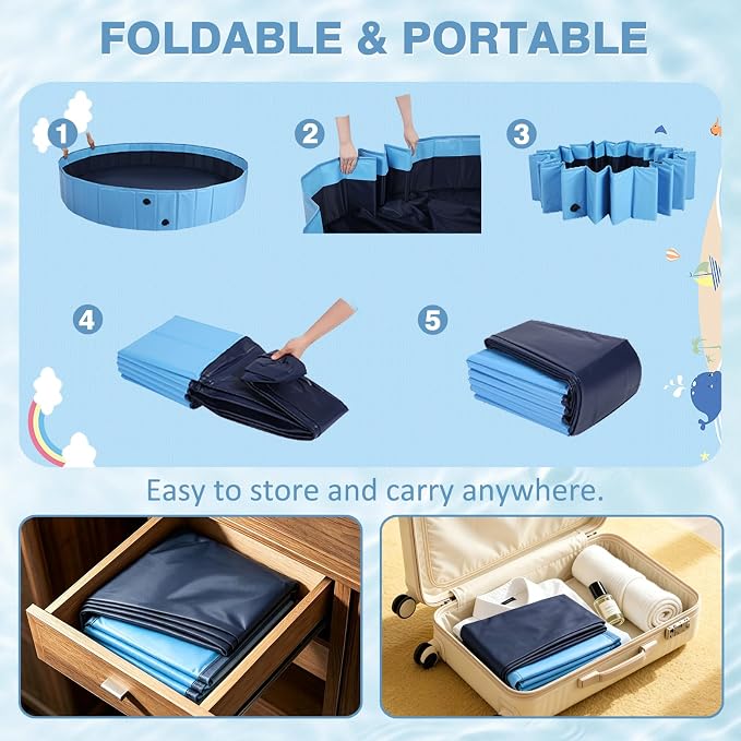 Eooqi Foldable Dog Pool with Sprinkler, Extra Large Thickened Splash Pool | 2-in-1 Outdoor Summer Water Play Toy, Non-Slip Hard-Side Kiddie Pool for Backyard Dogs, Kids & Pets (Blue, 97"-6XL)
