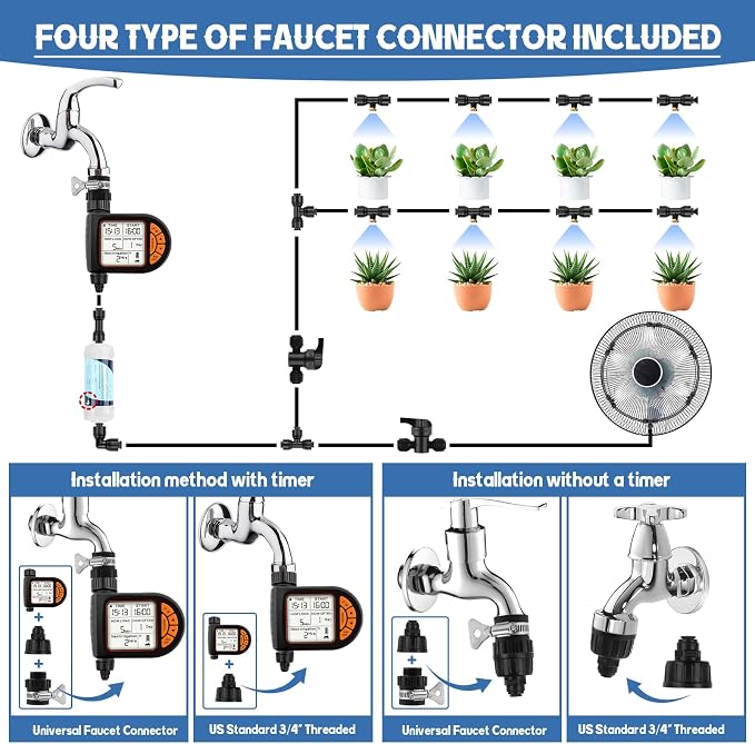 Kalolary 100Ft Misting Cooling System with Timer,Misters for Outside Patio with Water Filter,100FT Misting Line,30 Brass Mist Nozzles & 2 PE Adapters 3/4" Outdoor Mister for Backyard Garden Greenhouse