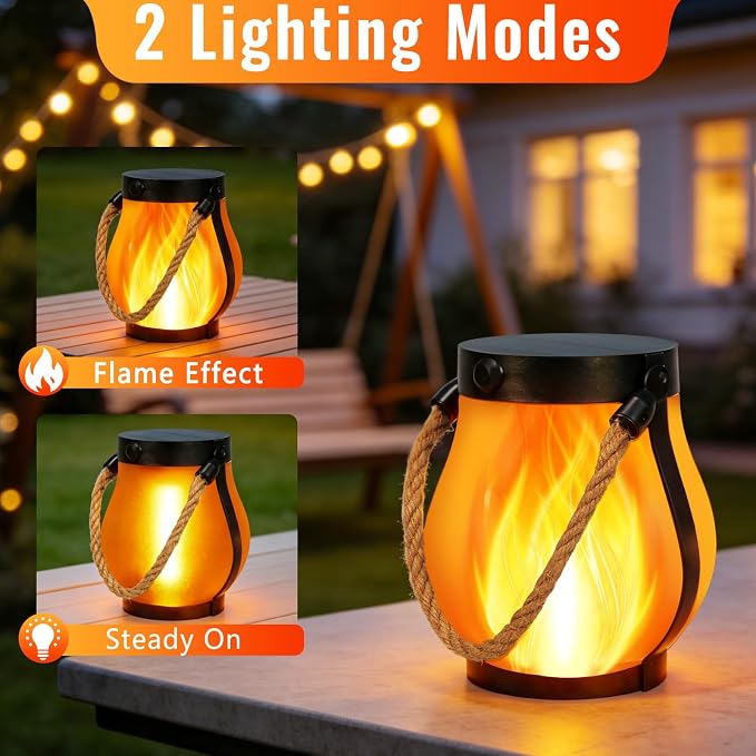 Upgraded 2 Pack Solar Lanterns, Solar Lights Outdoor, Solar Flame Lanterns, 2 Lighting Modes & Dual Charging Way USB & Solar Powered, Solar Lanterns Outdoor Waterproof for Patio Yard Porch Lawn Decor