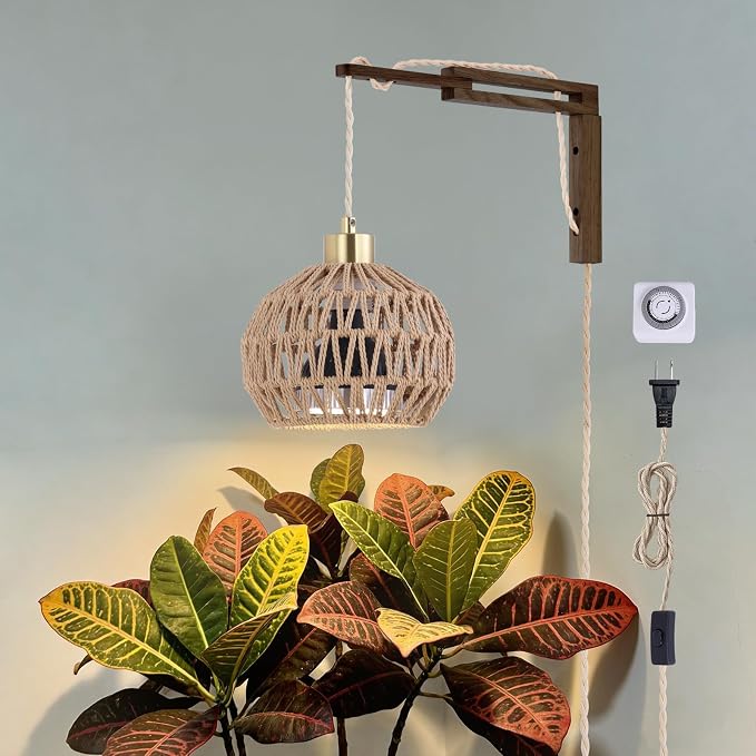 Hanging Grow Lights for Indoor Plants - 35W 4000K Full Spectrum Plant Light, Wall Mounted Grow Light with Wooden Bracket, Timer, 15FT Power Cord, Ideal for Plants, Flowers & Home Decor