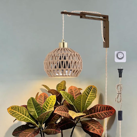 Hanging Grow Lights for Indoor Plants - 35W 4000K Full Spectrum Plant Light, Wall Mounted Grow Light with Wooden Bracket, Timer, 15FT Power Cord, Ideal for Plants, Flowers & Home Decor