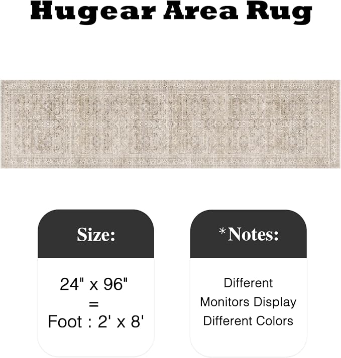 2x8 Beige Vintage Distressed Washable Runner Rug for Hallway | Low Pile, Non Slip, Retro Style, Soft Distressed Long Hallway Runner for Kitchen, Entryway, Laundry, Bedroom, Home Decor