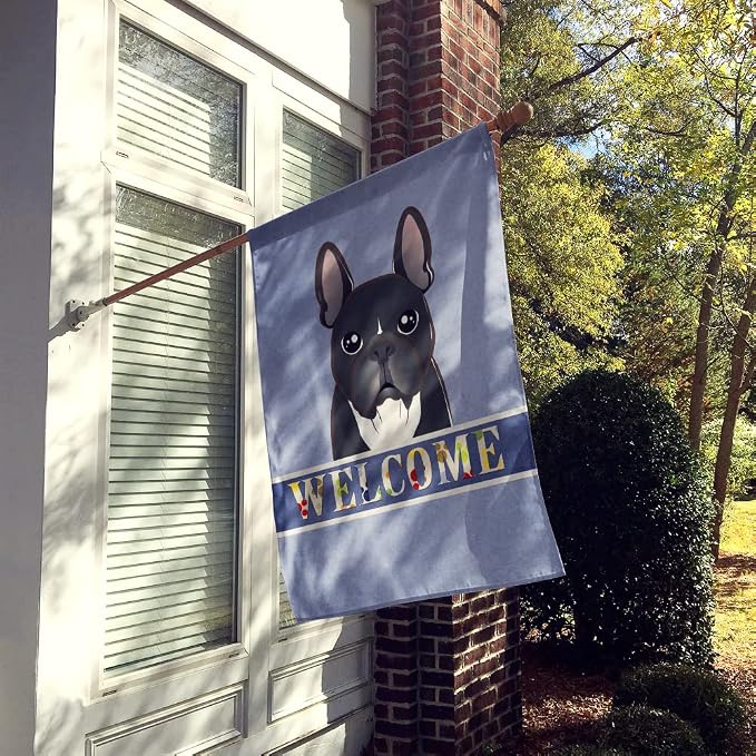 Caroline's Treasures BB1413CHF French Bulldog Welcome House Flag, Blue Large Porch Sleeve Pole Decorative Outside Yard Banner Artwork Wall Hanging, Polyester, House Size, Multicolor