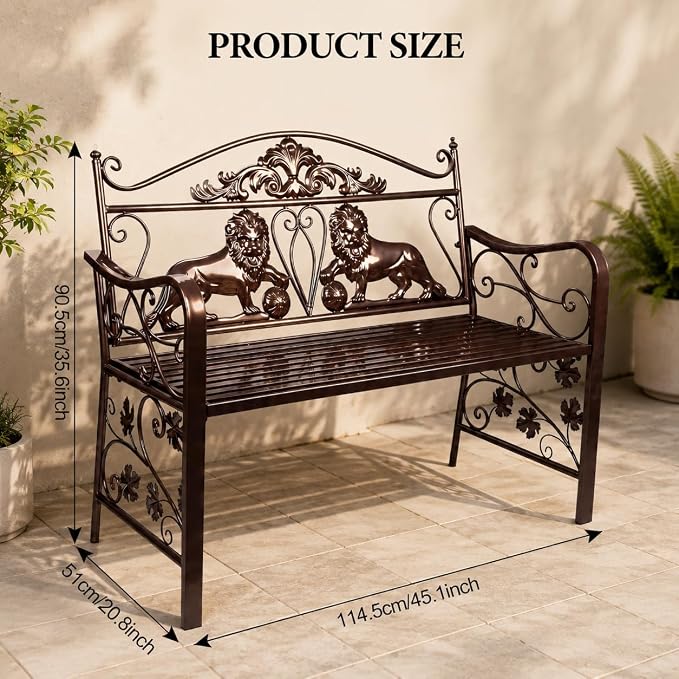 44.5" Outdoor Garden Bench, Heavy-Duty Metal Frame Patio Park Bench with Vintage Lion Design for Porch, Balcony, Backyard & Entryway