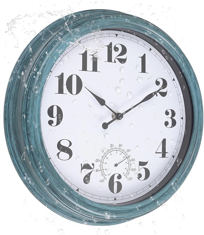 Outdoor Clock 12 Inch Waterproof Outdoor Clocks with Thermometer Combo Wall Clock Battery Operated Non-Ticking for Patio Pool Garden (Green, 12Inch)