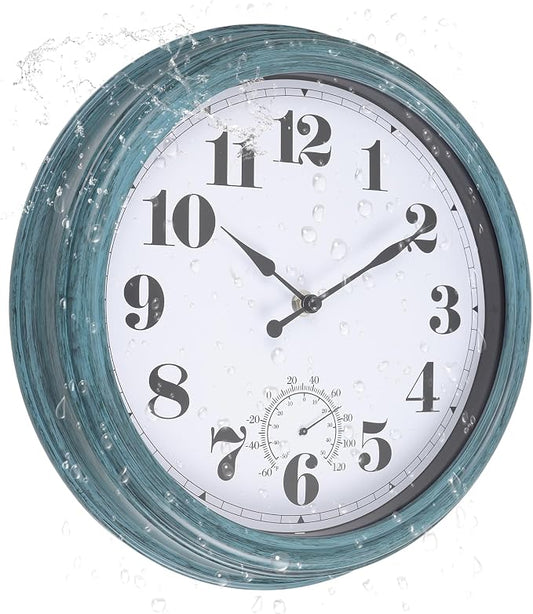 Outdoor Clock 12 Inch Waterproof Outdoor Clocks with Thermometer Combo Wall Clock Battery Operated Non-Ticking for Patio Pool Garden (Green, 12Inch)