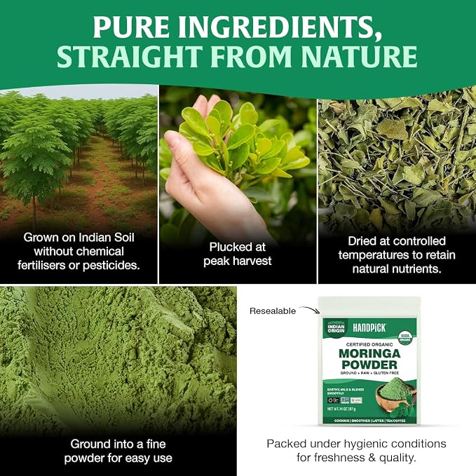HANDPICK USDA Organic Moringa Powder (397g/14oz) Pure Moringa Oleifera Leaf Powder | Authentic Indian Origin | Gluten Free, Non-GMO | Perfect for Smoothies, Drinks, Tea & Recipes (Packaging may vary)