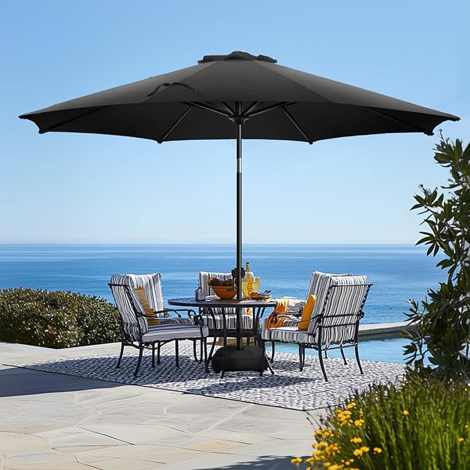 wikiwiki 11FT Patio Umbrella with Base, Outdoor Umbrellas with Base Included, 8 Sturdy Ribs, Waterproof Fade Resistant POLYESTER DTY Canopy for Deck, Lawn, Garden, Backyard & Pool, Black