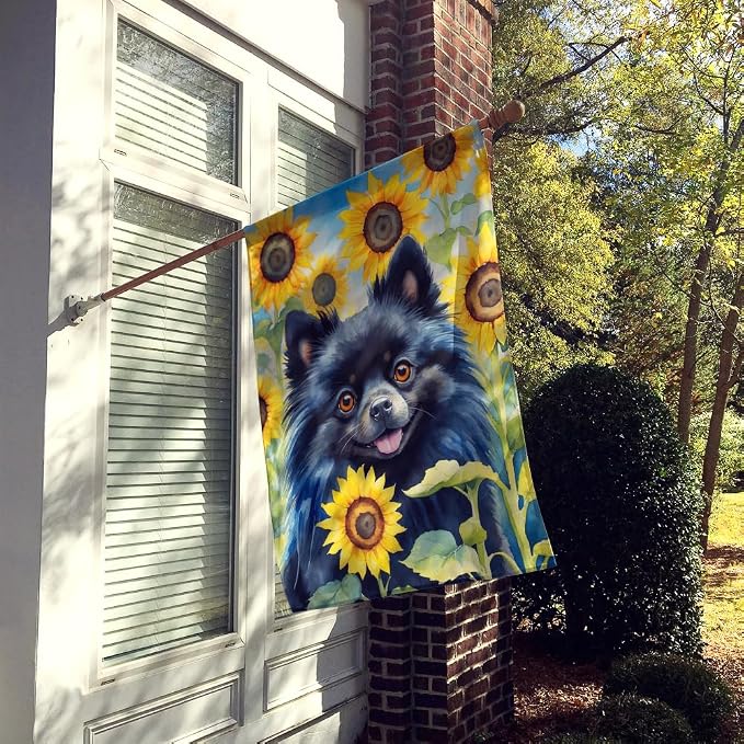 Caroline's Treasures DAC6135CHF Pomeranian in Sunflowers House Flag Large Porch Sleeve Pole Decorative Outside Yard Banner Artwork Wall Hanging, Polyester, House Size, Multicolor