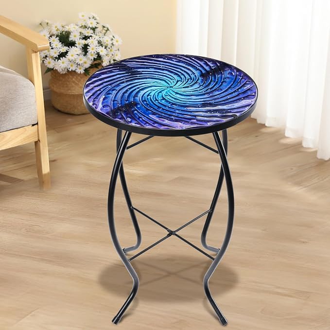 MUMTOP Outdoor End Tables for Patio, Deep Sea Round Side Table, Glass Accent Table for Outside, Garden, Balcony, Porch, Indoor Home Decor