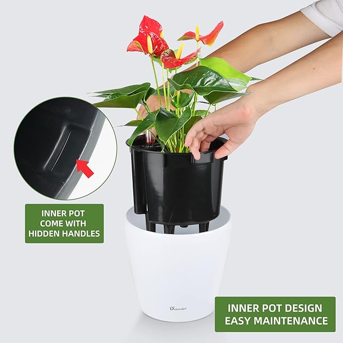 Dexceder 9x8 Self Watering Planter (White High Gloss) | Inner Pot Design, Thickened Table Flower Plant Pot with Water Level Indicator Indoor Outdoor