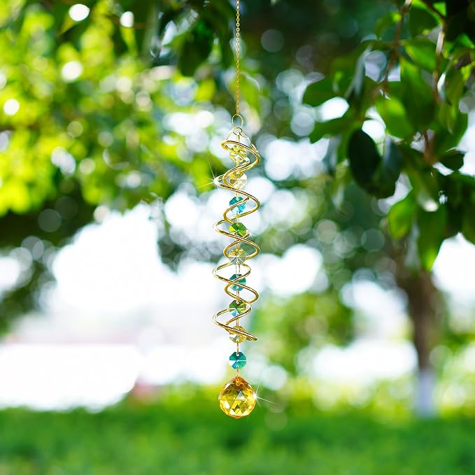 20.5in Yellow Crystal Gazing Ball Spiral Wind Spinner Suncatcher Decor | Yellow Crystal Ball Gazing Spiral Wind Spinner Rainbow Maker Sun Catcher Hanging for Outdoor Garden Patio Indoor Decor
