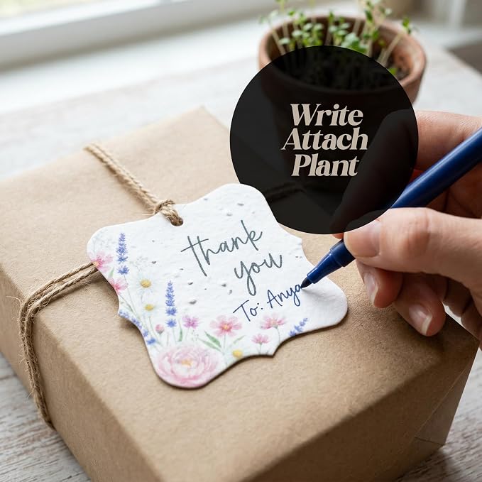 48Pcs Plantable Square Thank You Tags with Wildflower Seeds - 4 Floral Designs (12 Each) Writable Favor Tags for Birthdays, Weddings, Bridal Shower, Mom Gifts, Party Favors & Gift Wrapping