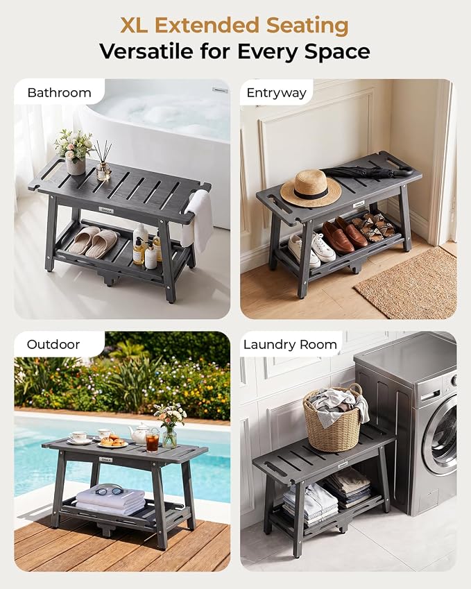 28" Extra Large Shower Bench, HDPE Waterproof Shower Chairs Seat, Adjustable and Non-Slip Feet, Shower Stool for Inside Shower to Sit On, Indoor/Outdoor Use, As Porch Bench, Garden Entryway, Grey