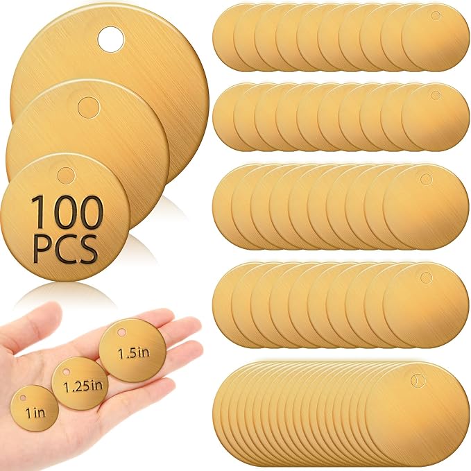 Hicarer 100 Pcs Solid Tags for Stamping Round Key Tags Blanks with Hole for Pets Plants Doors Pipe Valves Equipment Tool and Keys Labeling (Brass,1,1.25,1.5 Inch)