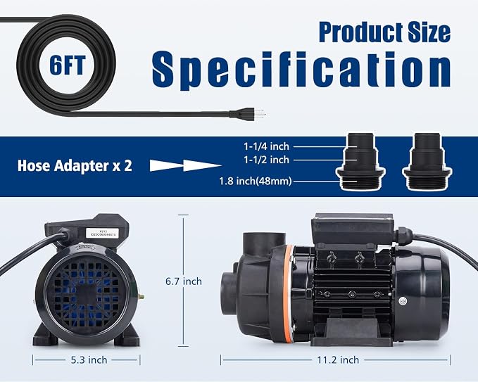 1/3HP Above Ground Swimming Pool Pump 2640GPH, Corded 115V Pool Filter Pump Replacement for Sand Filter Setups, Water Circulation with 1-1/4 and 1-1/2 in Hose Adapters